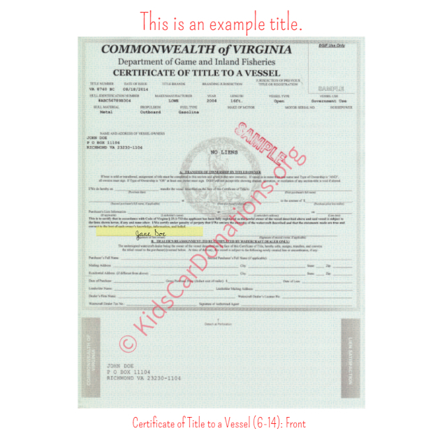 This is an Example of Virginia Certificate of Title to a Vessel (6-14) Front View | Kids Car Donations